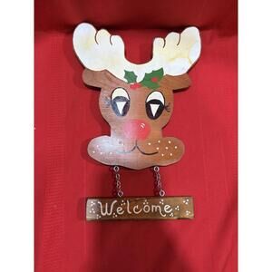 Christmas Holiday Welcome Sign Wooden Rudolph Reindeer